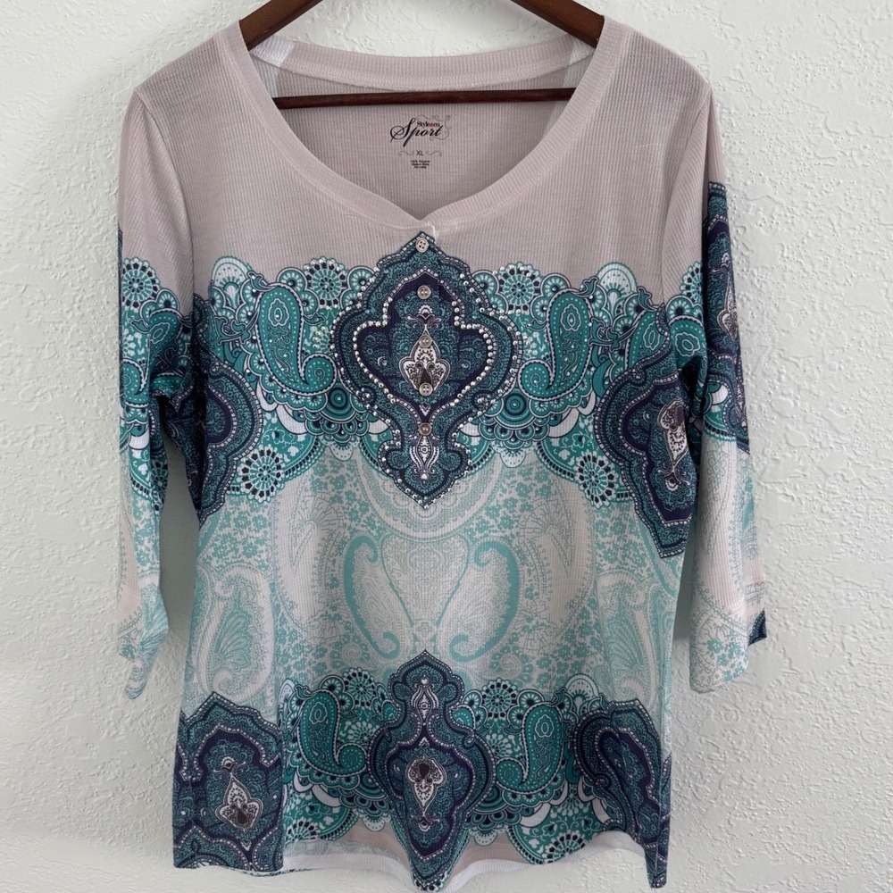 Macy's Style&Co Sport 3/4 Sleeve Henley Shirt Women's XL Burnout Rhinestones